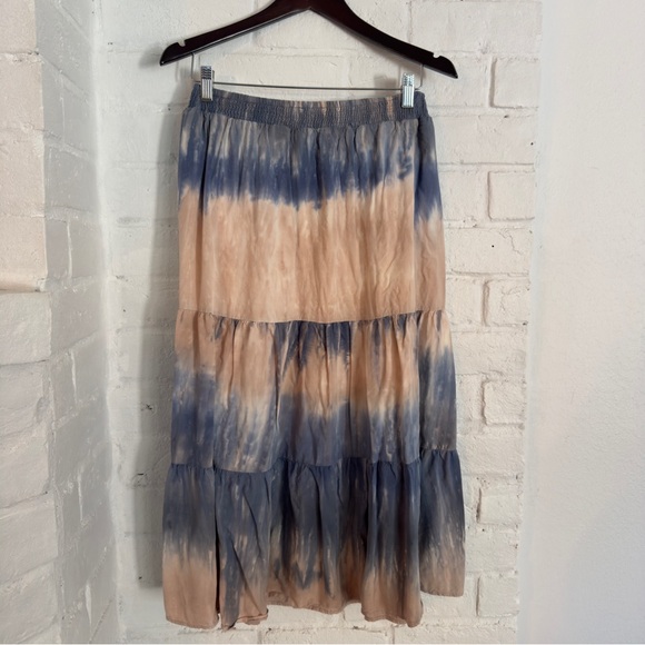 MELLODAY Dresses & Skirts - Mello Day Tie Dye Tiered Midi Skirt Blue Peach Boho Flowy Size M